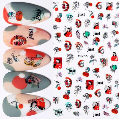 Sexy Lady Pattern 3D Nail Stickers Character Image Decals Slider Valentine Black White Nail Art Decoration Strip Line Nail Decal Self-Adhesive 3D Wave Design Decoration for Women Girls Art Stickers Decal Decoration Metallic Curve Strip Line Nail