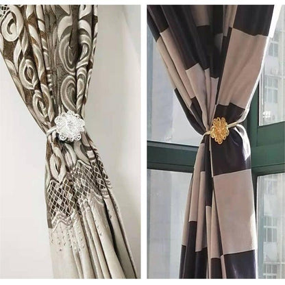 Shiny Flowers Magnetic Curtain Clip Tieback European Style Curtain Clasp Hanging Ball Rope Straps Home Decoration Accessories Crystal Curtain Magnetic Tieback Flower Curtain Clips Buckle with Stretchy Wire Rope For Home Office Decoration