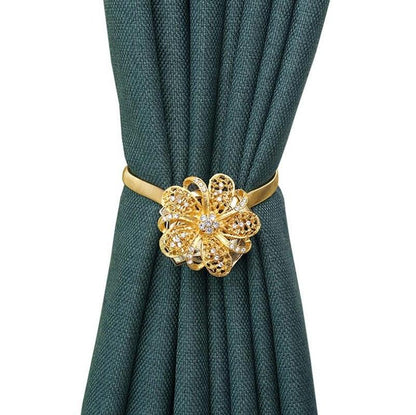 Shiny Flowers Magnetic Curtain Clip Tieback European Style Curtain Clasp Hanging Ball Rope Straps Home Decoration Accessories Crystal Curtain Magnetic Tieback Flower Curtain Clips Buckle with Stretchy Wire Rope For Home Office Decoration