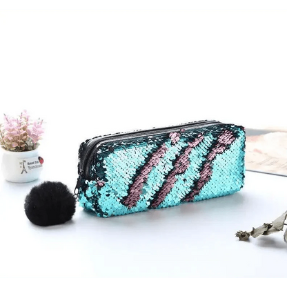 Shiny Reversible Girls Pencil Case Glitter Design Double Color Zipper Make Up Bag Stationery Case For Students