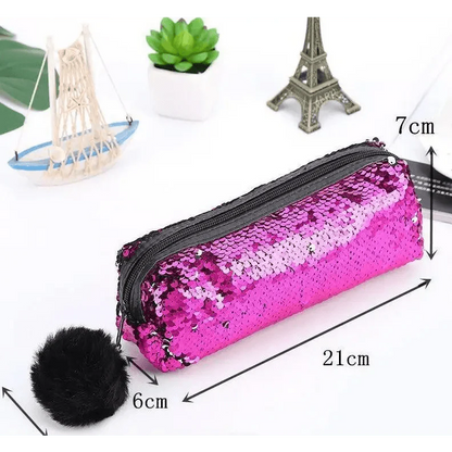Shiny Reversible Girls Pencil Case Glitter Design Double Color Zipper Make Up Bag Stationery Case For Students