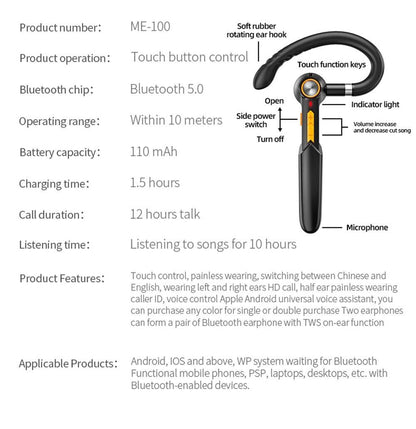 Single Wireless Bluetooth 5.0 Headset Handsfree HIFI Fingerprint Touch Hanging Ear Earphone for iPhone Waterproof Earpiece Ear Wireless Bluetooth Sport Headphones