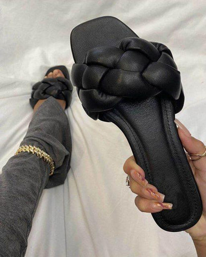 Soft Leather Woven Slippers Women Summer Flat Heels Beach Casual Slides Shoes Woman Outdoor Sandals Open Toe Slippers Summer Sandals For Women Flat Shoes Office Elegant Design Sandals