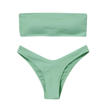 Solid Bikini Swimsuit Women Bikini Set Women Strapless Ribbed  Bikini Set Lace Up High Cut Two Piece Swimsuit Bathing Suit Two Piece Tube Top Swimwear Female Bather Swimming Suit