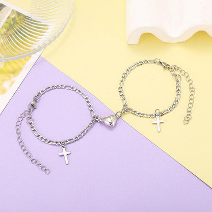 Stainless Steel Heart Shaped Magnet Attraction Bracelet For Couples Paired Bracelets Magnetic Heart Bracelet For Couples Mutual Attraction Cuban Chain Elegant Bracelet Couple Bracelets