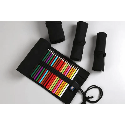 Students Roll Design Black Color Pencil Retro Canvas Wrap Up Pencil Case High Quality Stationary Pouch
