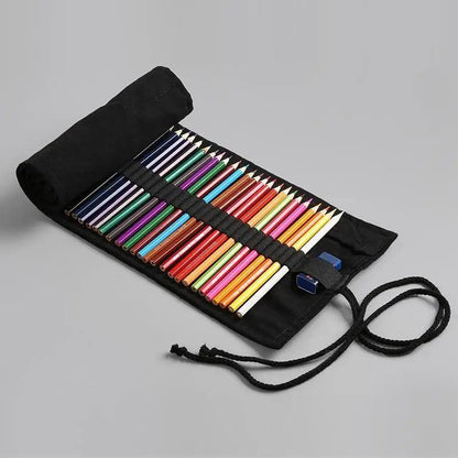Students Roll Design Black Color Pencil Retro Canvas Wrap Up Pencil Case High Quality Stationary Pouch
