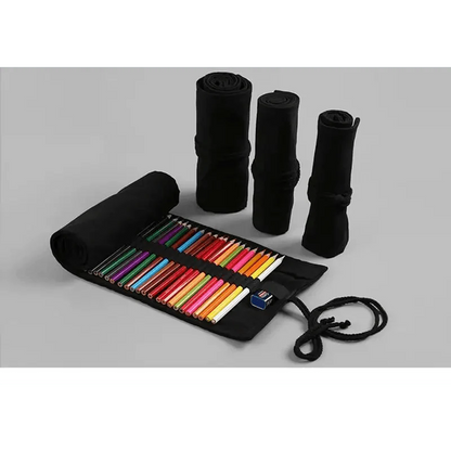 Students Roll Design Black Color Pencil Retro Canvas Wrap Up Pencil Case High Quality Stationary Pouch