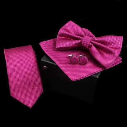 Stylish Solid Color Polyester Tie Bowtie Handkerchief Cufflinks Set For Men Butterfly Wedding Party Necktie Men's Fashion Bowtie
