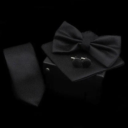 Stylish Solid Color Polyester Tie Bowtie Handkerchief Cufflinks Set For Men Butterfly Wedding Party Necktie Men's Fashion Bowtie