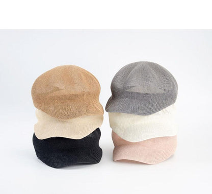 Summer Fashion Cap Straw Women Cap Adjustable Beret Mesh Breathable Berets Women Autumn Winter Hat Retro Pure Color Beanie Outdoor Beige Hat 56-58cm