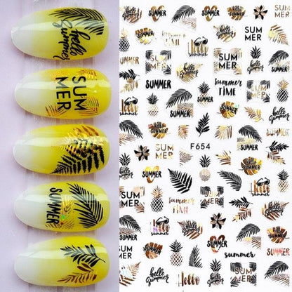 Summer Glitter Nail Decals Stickers Gold Black White Leaf Manicuring Foils Geometric Slider Nail Art Adhesive Decor Adhesive 3D Wave Design Decoration for Women Girls Art Stickers Decal Decoration Metallic Curve Strip Line Nail Decor