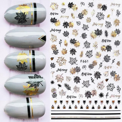 Summer Glitter Nail Decals Stickers Gold Black White Leaf Manicuring Foils Geometric Slider Nail Art Adhesive Decor Adhesive 3D Wave Design Decoration for Women Girls Art Stickers Decal Decoration Metallic Curve Strip Line Nail Decor