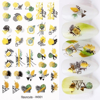 Summer Glitter Nail Decals Stickers Gold Black White Leaf Manicuring Foils Geometric Slider Nail Art Adhesive Decor Adhesive 3D Wave Design Decoration for Women Girls Art Stickers Decal Decoration Metallic Curve Strip Line Nail Decor