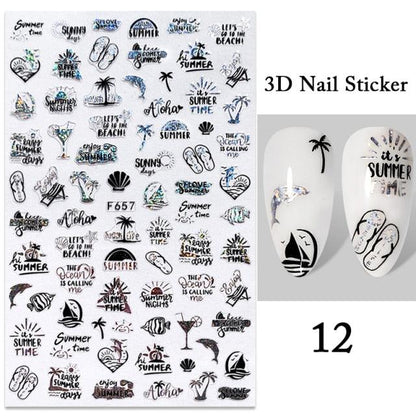 Summer Tropical Beach Coconut Tree Slippers 3D Nail Sticker Leaves Shell Transfer Decals Slider Decoration Manicures  Tip Water Transfer Nail Decals Sticker For Pretty Girl Self-Adhesive Nail Decals Designer Nail Stickers for Acrylic