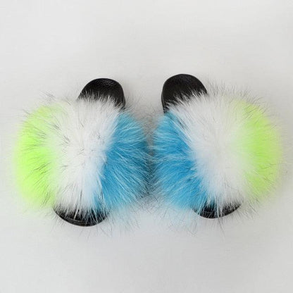Summer Women Raccoon Fur Slippers Plush Slides Furry Sandals Fluffy House Shoes Girl's Cute Flip Flops Sandal With Soft Furry Faux Fox Fur House Outdoor Multicolor Slippers