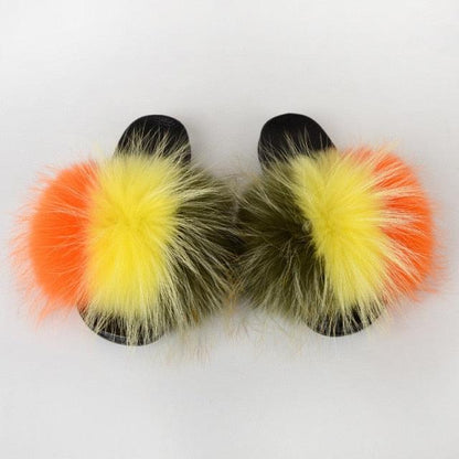 Summer Women Raccoon Fur Slippers Plush Slides Furry Sandals Fluffy House Shoes Girl's Cute Flip Flops Sandal With Soft Furry Faux Fox Fur House Outdoor Multicolor Slippers