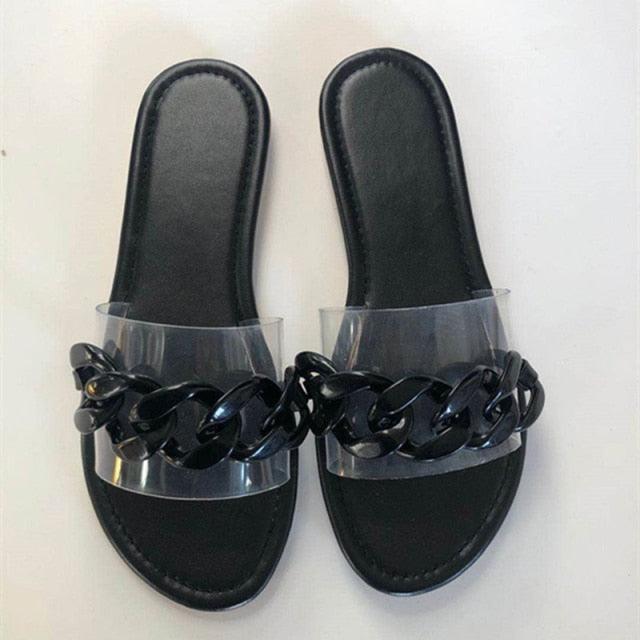 Summer Women's Slippers Flats Metal Chain Slides Square Toe Flip Flops Woman Beach Slipper Beach Open Toe Flat Slippers Fashion Golden Chain Luxury Slide Flip Flops Slip On Outdoor Slipper