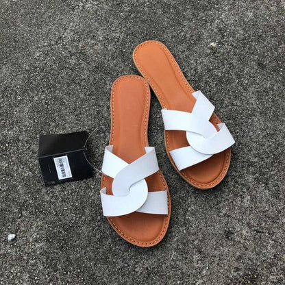 Summer Women Sandals Shoes Fashion Leather Surface Female Slippers Solid High Quality Woman Flat Slides Sandals Casual Strap Cross Slip On Sliders Beach Flat Sandals For Women