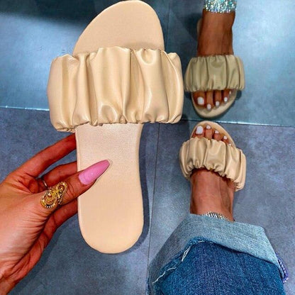 Summer Women Sandals Slippers Pleated Flip Flop Casual Beach Square Open Toe Shoes Outdoor Slippers Open Toe Flat Sandals Slip On Slide Sandals Strap Flat Sandals
