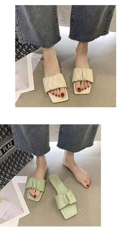 Summer Women Sandals Slippers Pleated Flip Flop Casual Beach Square Open Toe Shoes Outdoor Slippers Open Toe Flat Sandals Slip On Slide Sandals Strap Flat Sandals