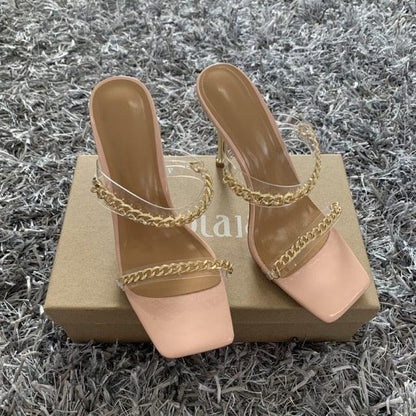 Summer Women Sandals Square Toe Ladies Heel Clear Transparent High Heels Slippers Fashion Chain Woman Open Toe Slip On Dress Luxury Party Backless Slides High Heels Slipper