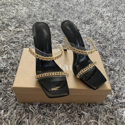 Summer Women Sandals Square Toe Ladies Heel Clear Transparent High Heels Slippers Fashion Chain Woman Open Toe Slip On Dress Luxury Party Backless Slides High Heels Slipper