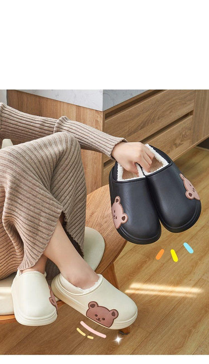 Thick Platform Winter Women Waterproof Non-Slip Home Rubber Slippers Warm Indoor Fur Cotton Women's Cozy Memory Foam Closed Back Slippers Wool-Like Blend Cotton House Shoes