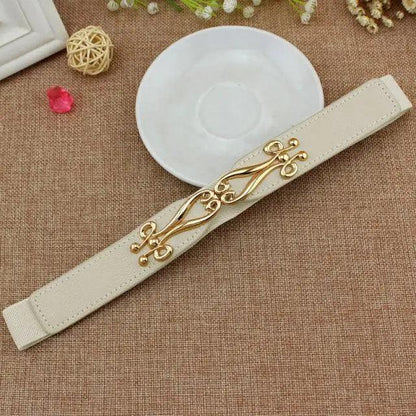 Thin Elastic Stretch Women Buckle Skinny Fashion Belts Metal Leaf Buckle Design Belts For Ladies