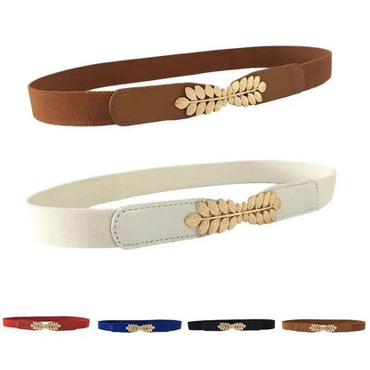 Thin Elastic Stretch Women Buckle Skinny Fashion Belts Metal Leaf Buckle Design Belts For Ladies