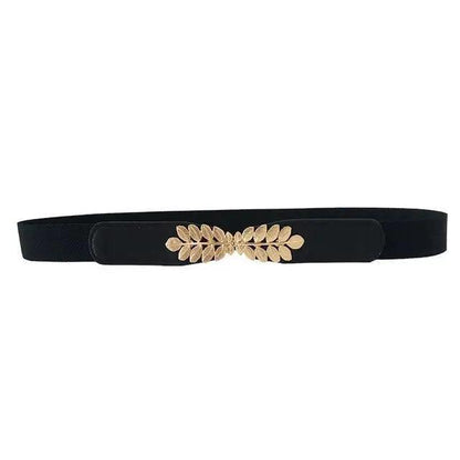Thin Elastic Stretch Women Buckle Skinny Fashion Belts Metal Leaf Buckle Design Belts For Ladies