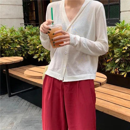 Cardigan For Women Long Sleeve Cardigan Summer Cropped Cardigan Knitted V neck Thin Ice Silk Sweaters Sunscreen Shirt Tops