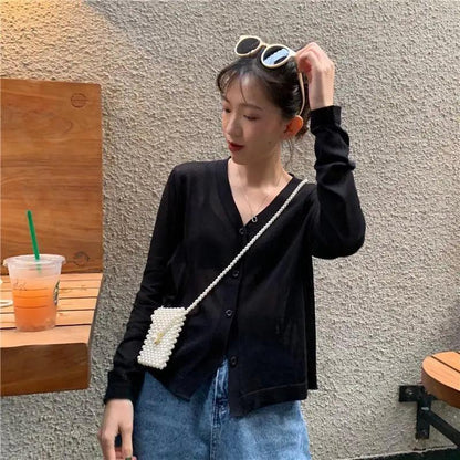 Cardigan For Women Long Sleeve Cardigan Summer Cropped Cardigan Knitted V neck Thin Ice Silk Sweaters Sunscreen Shirt Tops