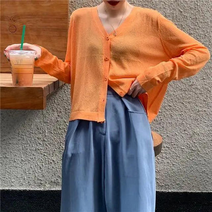 Cardigan For Women Long Sleeve Cardigan Summer Cropped Cardigan Knitted V neck Thin Ice Silk Sweaters Sunscreen Shirt Tops