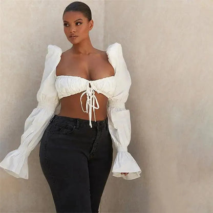 Trendy Summer cute casual elegant puff long sleeve ruffle lace up best fashion Ruched crop top shirts