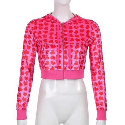 Unique Design Velvet Heart Print Cropped Top Bomber Jacket For Women Autumn Cute Pink Long Sleeve Coats Zipper Winter Overcoat
