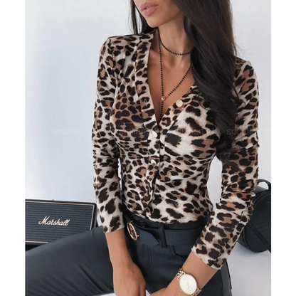 Unique Design Women's Snakeskin Leopard Print Blouse Ladies Casual Long Sleeve V-neck Button Down Bodycon Slim Fit Tops