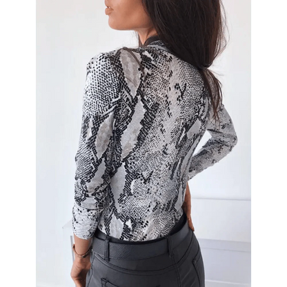 Unique Design Women's Snakeskin Leopard Print Blouse Ladies Casual Long Sleeve V-neck Button Down Bodycon Slim Fit Tops