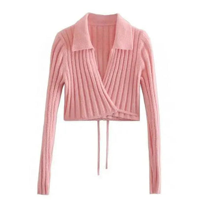 Unique Design Women's Sweater Solid Cross V-Neck Lace Up Bow Jumpers Long Sleeve Cardigan Female Spring Knitted Coat