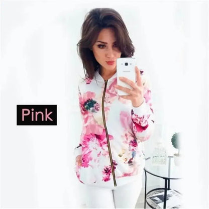 Unique Nature Design Women's jackets Floral Printed Ladies Zipper Up Bomber Outwear Spring Long Sleeve Short Thin Slim Casual Pocket Biker Coats