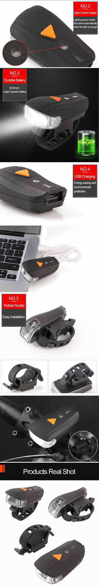 USB Rechargeable Headlight USB Flashlight Bike Bicycle 2LEDs 5modes Smart Sensor Super Bright Bike Light Front And Back Night Riding Spot lamp Electric Car Front Torch For Adults Kids Men Women