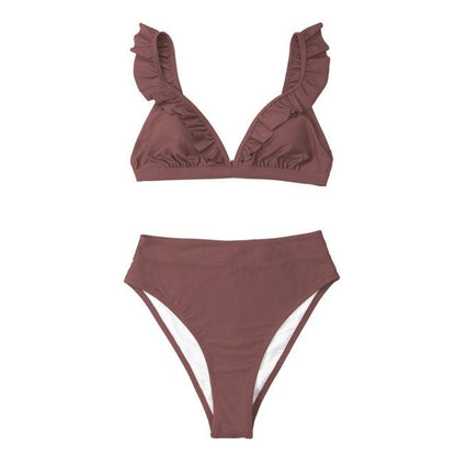 V-neck Ruffled High-waist Bikini Sets Swimsuit Womens Ruffle Flounce Triangle Bathing Suits Cute Two Piece Swimsuits Women Solid Brown Two Pieces Swimwear New Beach Bathing Suits