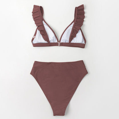 V-neck Ruffled High-waist Bikini Sets Swimsuit Womens Ruffle Flounce Triangle Bathing Suits Cute Two Piece Swimsuits Women Solid Brown Two Pieces Swimwear New Beach Bathing Suits