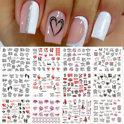 Valentines Heart Letter Flower Nail Stickers Sliders For Nails Water Decals Sticker Tips Manicure Decals for Nail Art Decoration Including Hearts Stars Letters Bowknot Leaves Flowers Plants Fruits Butterflies Nail Art Decoration