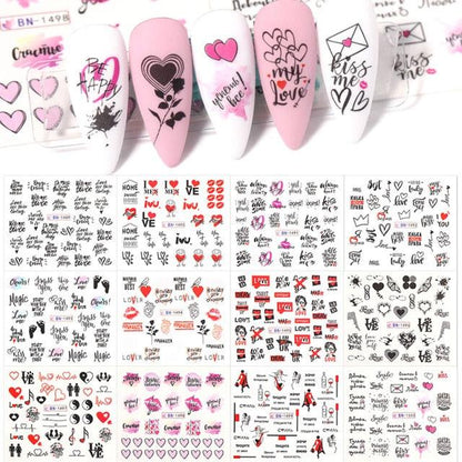 Valentines Heart Letter Flower Nail Stickers Sliders For Nails Water Decals Sticker Tips Manicure Decals for Nail Art Decoration Including Hearts Stars Letters Bowknot Leaves Flowers Plants Fruits Butterflies Nail Art Decoration