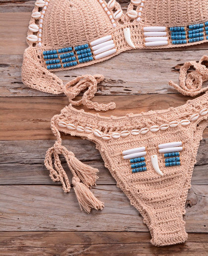 Vintage Blue Bikinis 2 Piece Halter Bikini Set Women High Waist Sequin Swimsuit  Set Handmade Crochet High Quality Swimsuit Women Push Up Swimwear Knitted Beach Wear Bathing Suit
