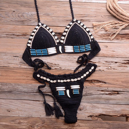Vintage Blue Bikinis 2 Piece Halter Bikini Set Women High Waist Sequin Swimsuit  Set Handmade Crochet High Quality Swimsuit Women Push Up Swimwear Knitted Beach Wear Bathing Suit