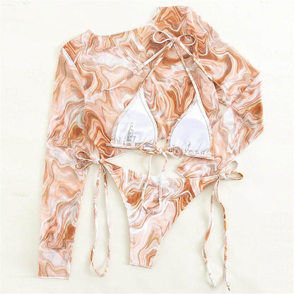 Vintage Halter Printed Leopard Bikini Female Lace Up Bottom Swimsuit Women Swimwear Long Sleeve Bathing Suits Leopard Print Swimsuit Three-pieces Bikini Set Long Sleeve Bathing Suit Cute Swimwear