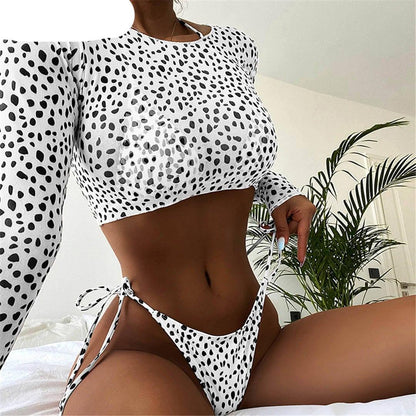 Vintage Halter Printed Leopard Bikini Female Lace Up Bottom Swimsuit Women Swimwear Long Sleeve Bathing Suits Leopard Print Swimsuit Three-pieces Bikini Set Long Sleeve Bathing Suit Cute Swimwear