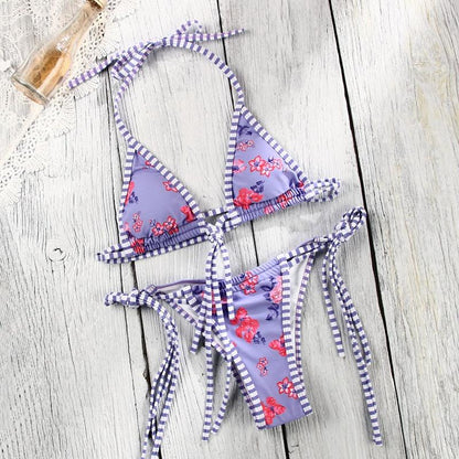 Vintage Print Bikini Female Handwork Small Ruffle Swimming Suit For Women Swimwear High Cut Bikini Set String Print Halter String Triangle Bikini Set Luxury Swimwear Two Piece Swimsuit